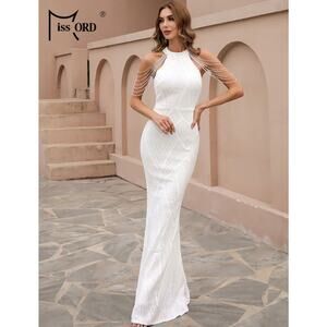 NWT Miss Ord Cold Shoulder Beads Chain Full Length Dress Gown Sz Small White